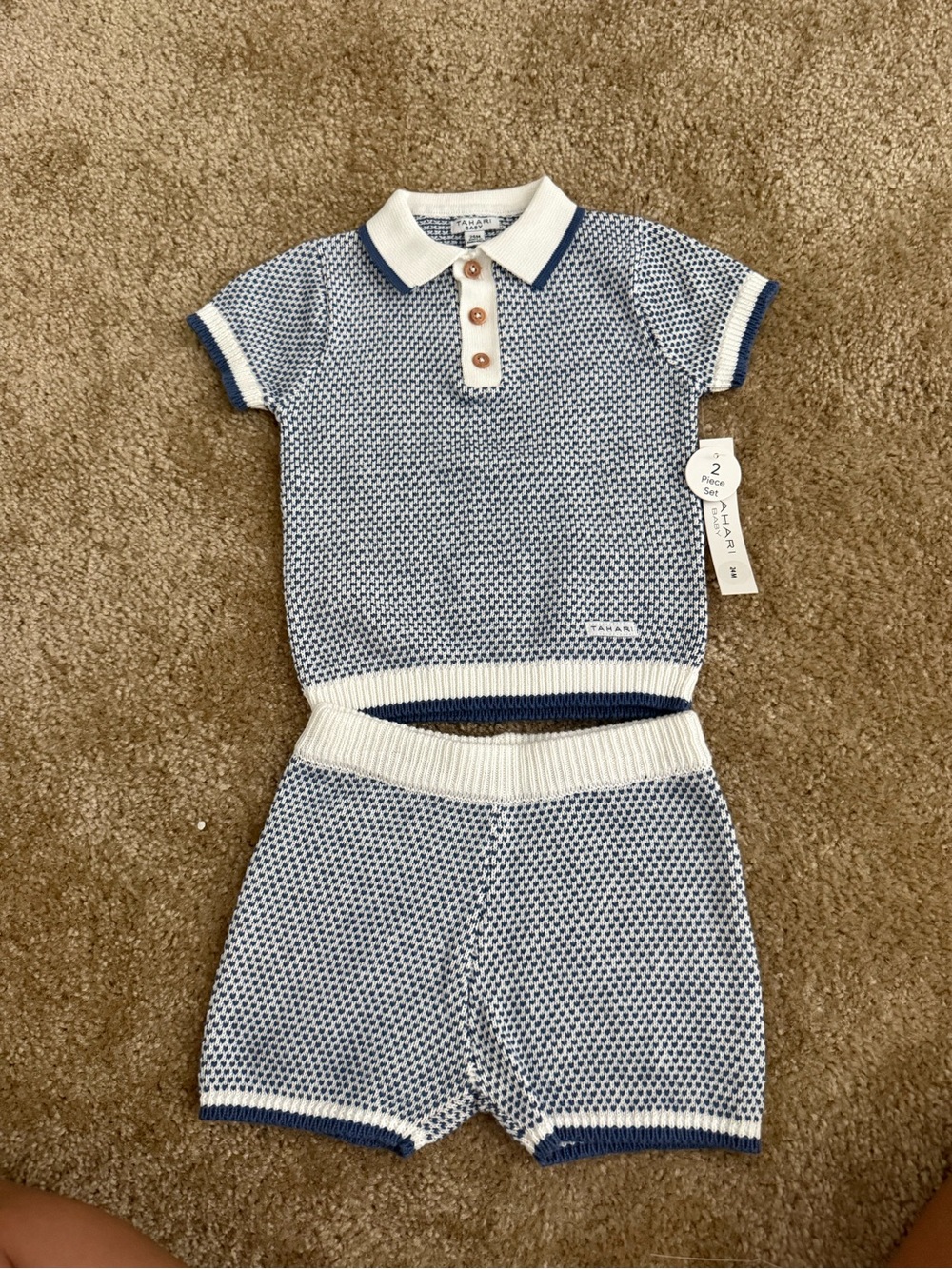 Tahari Blue & White Knit Polo Shorts Set for Kids